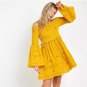 Free People Counting Daisies Embroidered Off-the-Shoulder Dress in Golden M